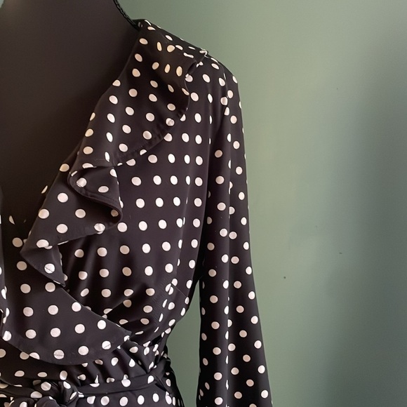 Chaps Black mock wrap Dress with White Dots - Picture 5 of 6